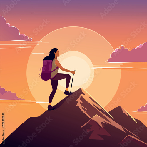 Stylized vector illustration of a solo female hiker reaching the summit of a mountain during a vibrant sunset
