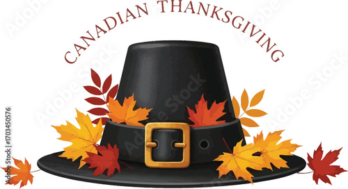 A pilgrim hat with autumn leaves for the Canadian Thanksgiving celebration, perfect for greeting cards