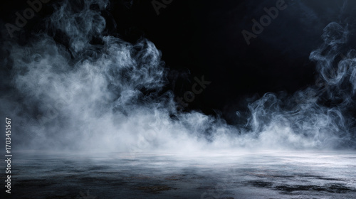 Spooky Halloween Scene with Swirling Mist and Fog on Black Cement Floor