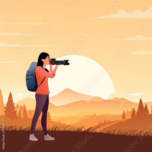 Woman photographer with backpack capturing sunset mountain landscape.