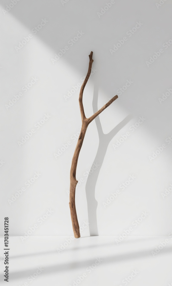 Obraz premium A solitary dry wooden branch standing against a white wall, casting a stark shadow from direct sunlight, embodying minimalist wabi-sabi aesthetics