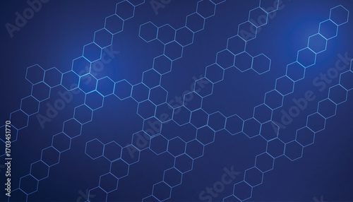 Blue hexagon honeycomb network background, glowing geometric grid on dark gradient, abstract technology mesh, modern digital wallpaper banner template