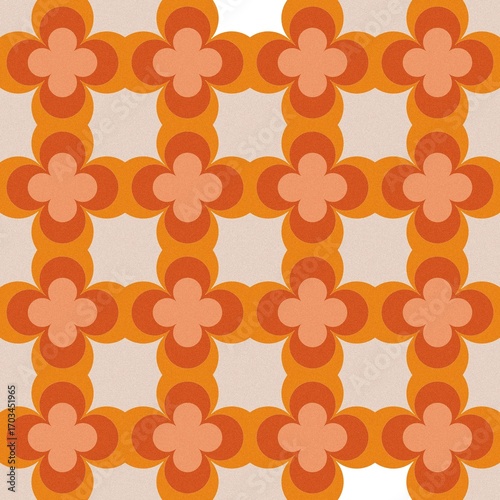 Retro Orange Floral Lattice, Groovy Petal Grid Pattern, Mid-Century Modern Blossom Tile, Warm Toned Clover Repetition, Orange and Peach Geometric Flower.