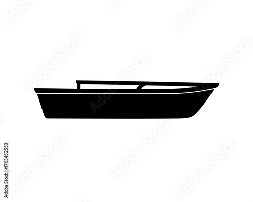 Simple black vector illustration of a flat bottom boat in silhouette