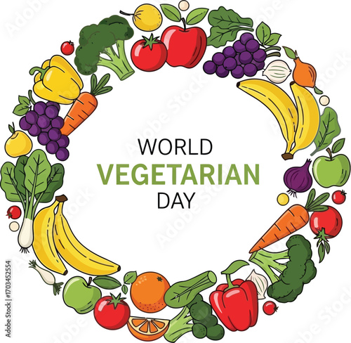 World vegetarian day with fruits and vegetables in a circle-shaped vector illustration