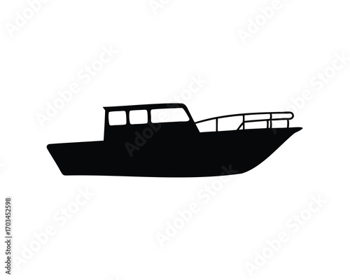 Silhouette of a Boat with Cabin and Railing on a White Background