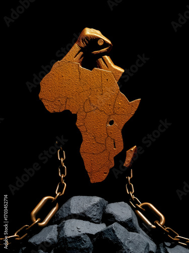 Powerful symbol of Africa breaking chains, representing freedom and overcoming historical struggles, resilience.