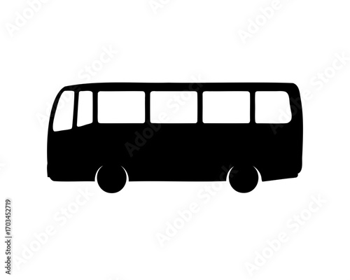 Silhouette of a bus with many windows and two wheels on white background
