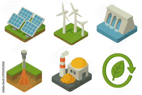 Isometric icons of renewable and sustainable energy sources