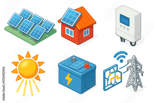 Solar energy icons: panels, house, inverter, sun, battery, circuit, tower