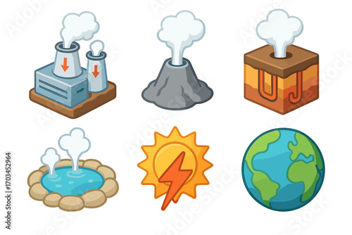 Geothermal energy icons: power plant, volcano, hot springs, solar, earth concepts