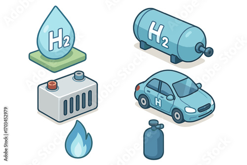 Hydrogen energy technology icons - fuel cell and hydrogen-powered car