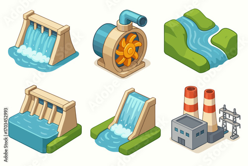 Illustrated hydro power icons with dams, waterfalls, turbine, and power plant
