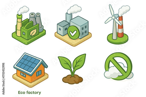 Eco-friendly factory icons featuring solar energy, wind turbines, and sustainable practices