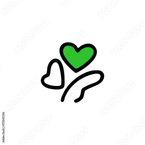 Two light-colored hearts, one dark-green heart, and abstract, flowing, black lines on a white background