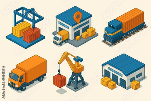 Industrial logistics icons featuring transportation and warehousing elements