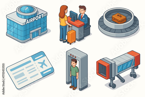 Airport travel icons: check-in, security, baggage, boarding pass, terminal