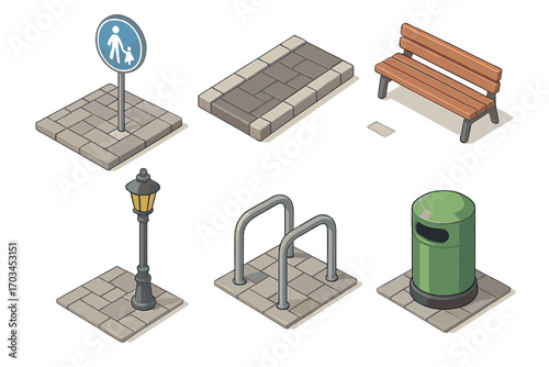 Isometric urban elements including bench, trash can, street sign, and lamppost on pavement