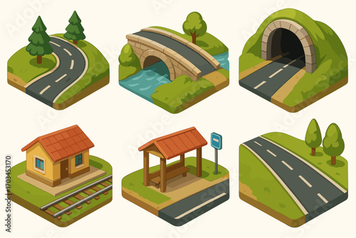 Isometric road and railway elements with tunnel, bridge, and bus stop