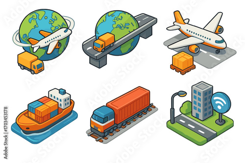 Global logistics icons featuring transportation methods: airplane, ship, train, truck