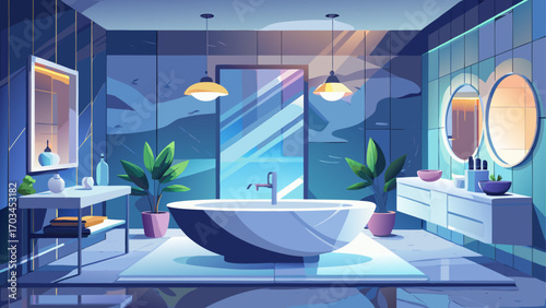 Minimalist luxury bathroom with marble walls, freestanding white bathtub, soft ambient lighting, and chrome fixtures, offering a serene spa-like retreat in a calm contemporary space.