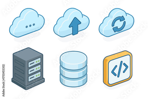 Cloud computing icons: sync, upload, server, database, coding symbols