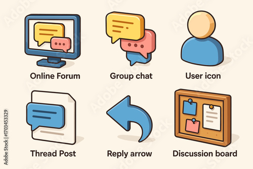 Online forum and communication icons: chat, user, thread, reply, discussion