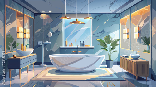 Minimalist luxury bathroom with marble walls, freestanding white bathtub, soft ambient lighting, and chrome fixtures, offering a serene spa-like retreat in a calm contemporary space.