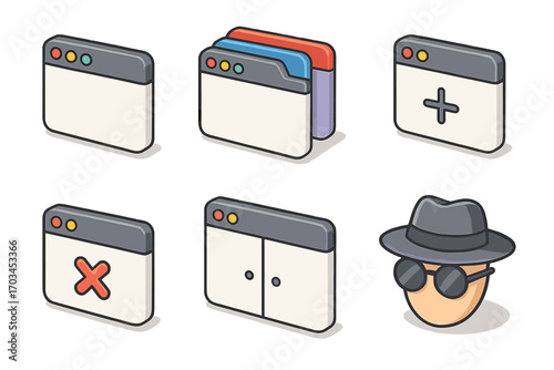 Cartoon internet browser icons with tabs, incognito mode, plus sign, and close
