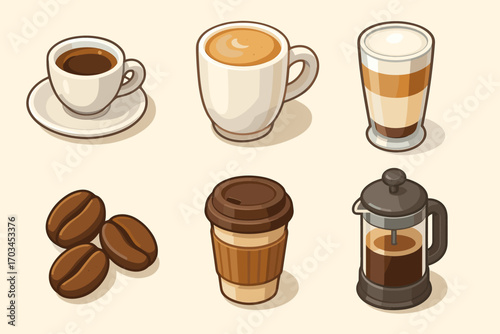 Coffee variety illustration: espresso, latte, cappuccino, beans, takeaway cup, french press