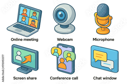 Digital communication tools: online meeting, webcam, microphone, screen share, conference call, chat window