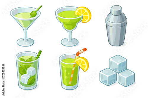 Assorted cocktails and ice cubes with shaker and garnishes on white background
