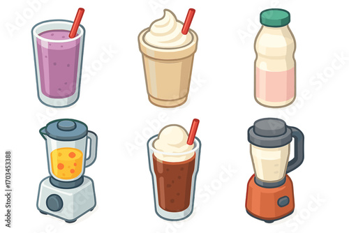 Assorted milkshakes and blenders illustrations - vanilla, chocolate, berry drinks