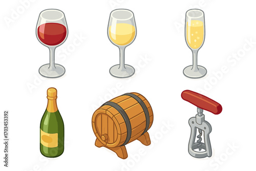 Collection of wine glasses and accessories with barrel and corkscrew illustration