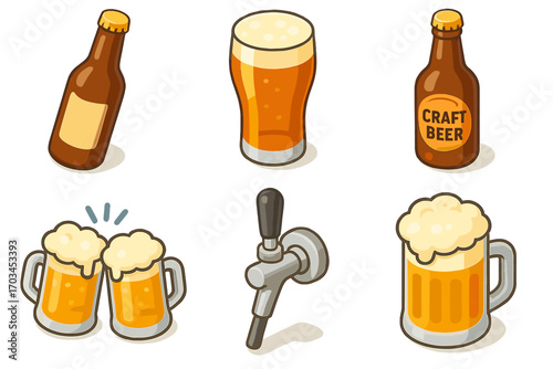 Cartoon beer collection with bottles, mugs, and tap illustrations