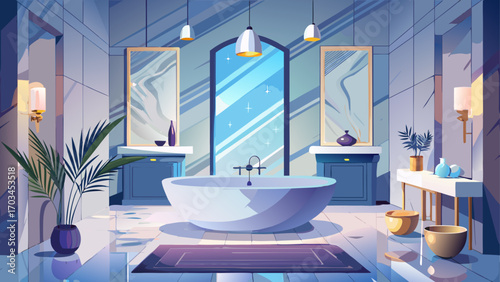 Minimalist luxury bathroom with marble walls, freestanding white bathtub, soft ambient lighting, and chrome fixtures, offering a serene spa-like retreat in a calm contemporary space.