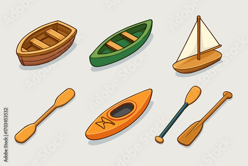 Collection of colorful boats and paddles on white background