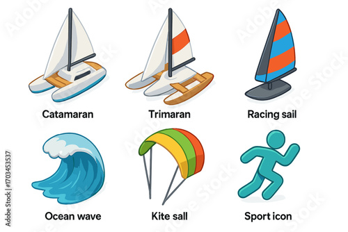Colorful nautical sport icons featuring boats, waves, and sailing equipment