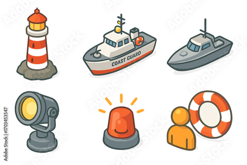 Nautical icons featuring lighthouse, coast guard ship, lifebuoy, searchlight, and siren