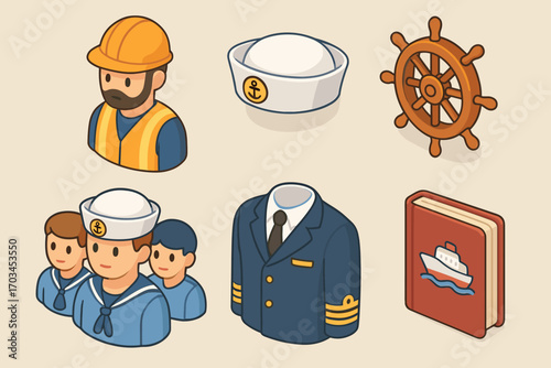 Maritime icons set with sailors, helm, and captain's jacket