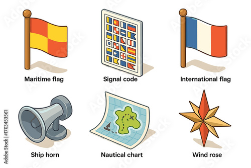 Nautical symbols and tools illustration with maritime and international flags