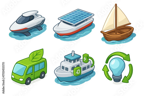 Eco-friendly transportation icons: boats, buses, and renewable energy solutions