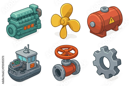 Set of industrial icons: engine, propeller, tank, boat, valve, gear