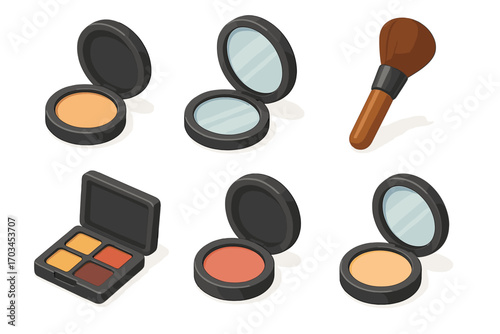 Variety of cosmetic products including compact powders, eyeshadow palette, and makeup brush
