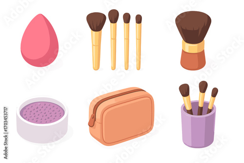 Makeup tools set: brushes, sponge, bag, and powder container for cosmetic application
