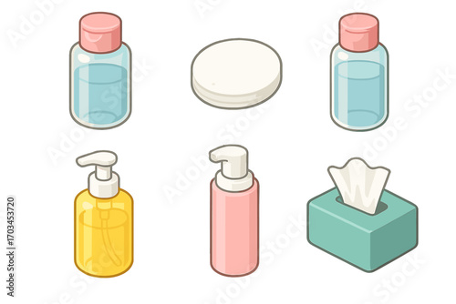 Cartoon bottles set with soap, tissue, cream dispenser, and containers