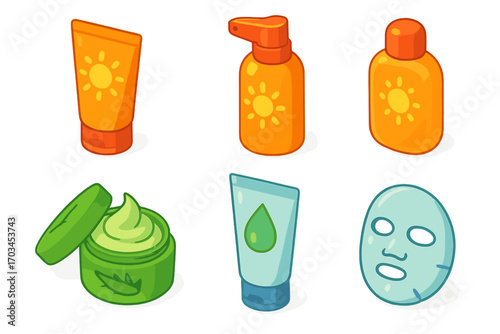 Collection of skincare products including sunscreen and face masks