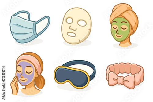 Skincare icons: masks, treatments, relaxation accessories for beauty routine