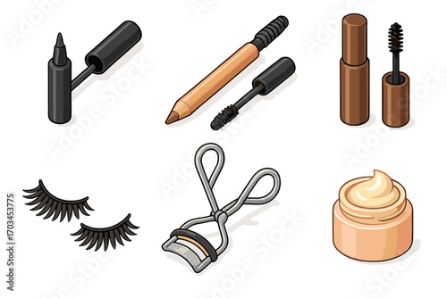 Essential makeup tools: eyeliner, eyebrow pencil, mascara, false eyelashes, curler, cream
