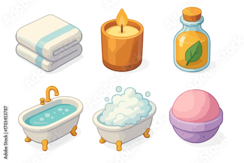 Spa essentials: candle, towels, bath, oil, soap, bath bomb